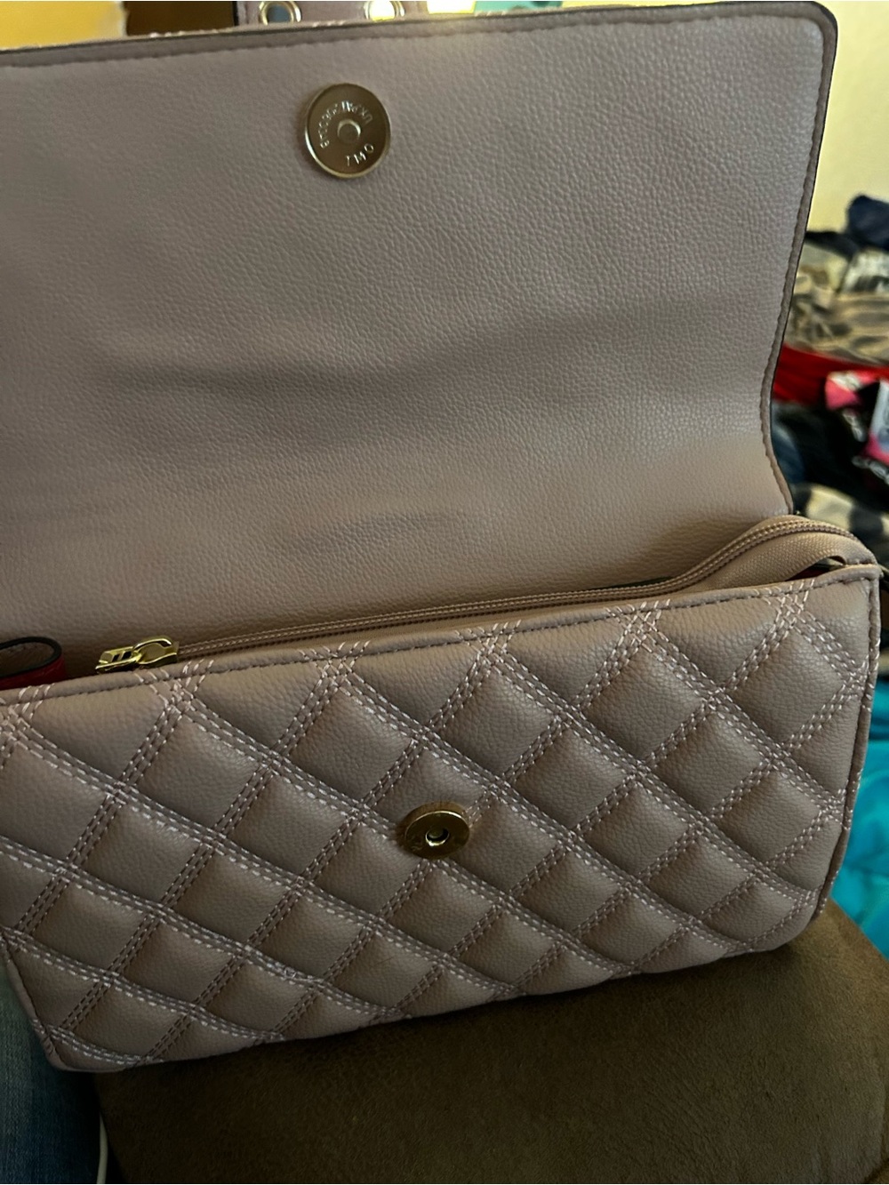Quilted Light Beige Crossbody Bag with Gold Hardware